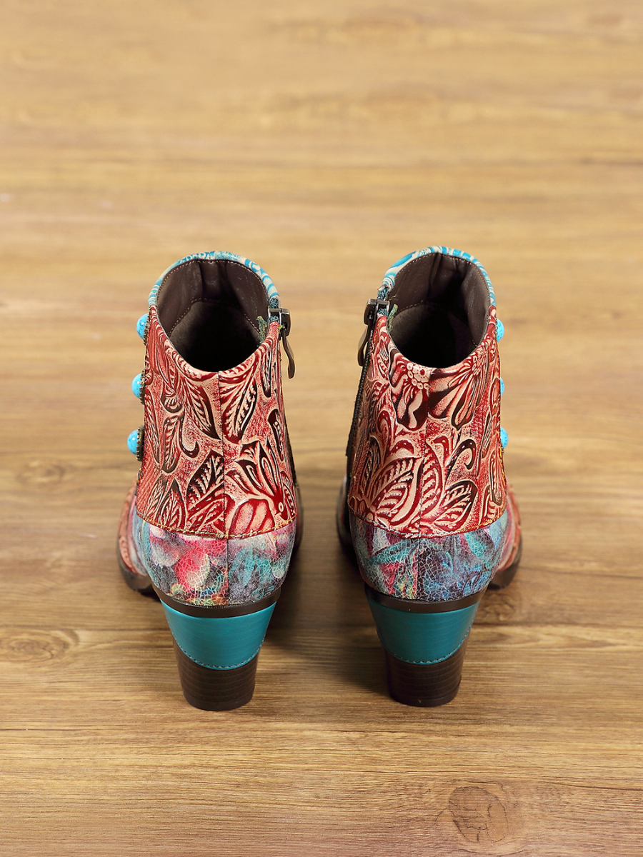 SOFFIA | Turquoise Floral Frosted Leather Ankle Boots