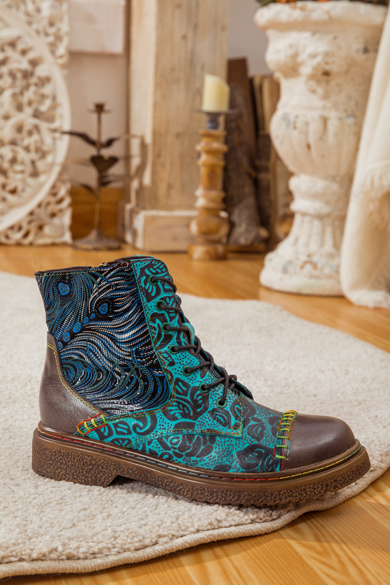 SOFFIA | PEACOCK FEATHER EMBOSSED LEATHER COMBAT BOOT