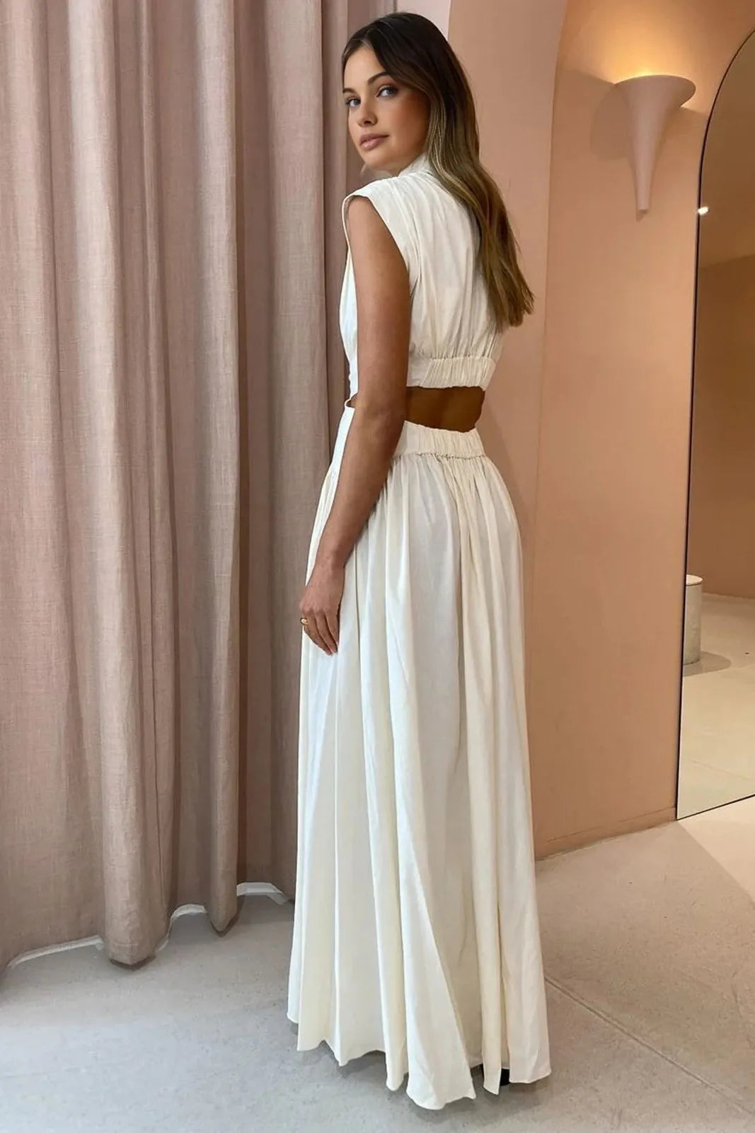 Tesla White Mock Neck Cut Out Maxi Dress