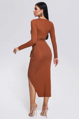 Thea Brown Ruched Long Sleeve Midi Dress