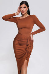 Thea Brown Ruched Long Sleeve Midi Dress