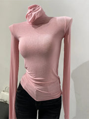 Thin Soft American Long Sleeve T-shirt High Stacked Neck Tight Perspective Bottom Shirt Women’s Slim Fit Tops Sexy Streetwear