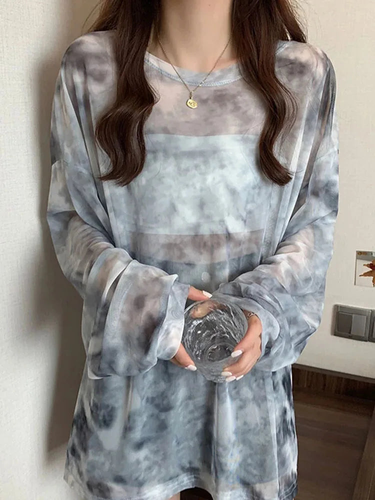 Tie Dye Long Sleeve T-shirts Women Breathable Summer O-neck Design Mesh Sun-proof Loose Tshirts Korean Style All-match Tops Chic