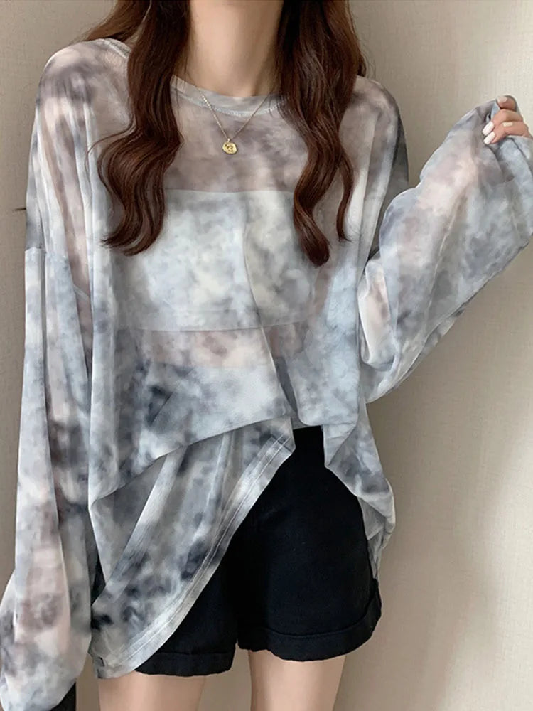 Tie Dye Long Sleeve T-shirts Women Breathable Summer O-neck Design Mesh Sun-proof Loose Tshirts Korean Style All-match Tops Chic