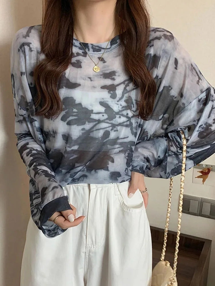 Tie Dye Long Sleeve T-shirts Women Breathable Summer O-neck Design Mesh Sun-proof Loose Tshirts Korean Style All-match Tops Chic