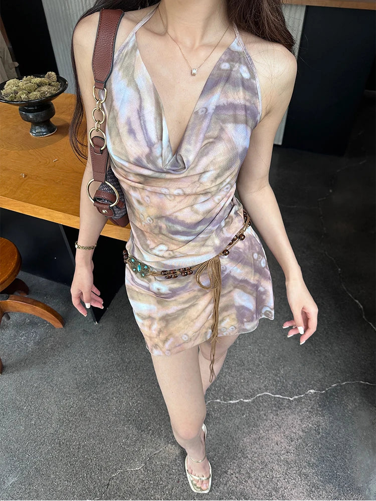 Tie Dye Sling Dress for Women’s Y2k Clothing Summer Aesthetics Girdle Mini Dresses Spicy Girl Sexy A-line Mesh Bodycon Dress