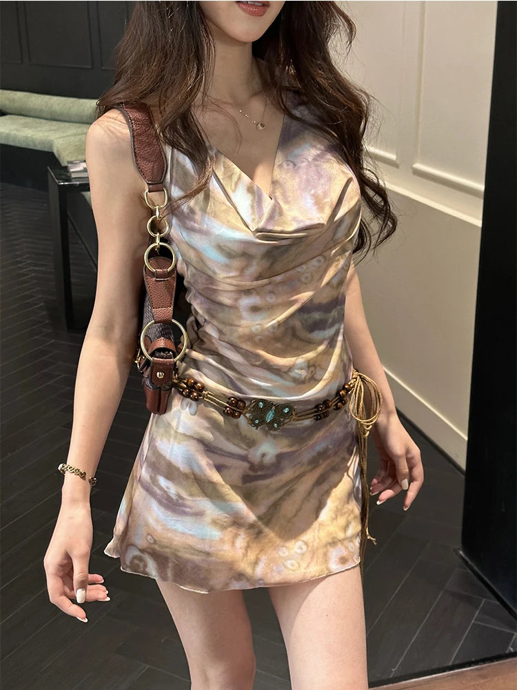 Tie Dye Sling Dress for Women’s Y2k Clothing Summer Aesthetics Girdle Mini Dresses Spicy Girl Sexy A-line Mesh Bodycon Dress