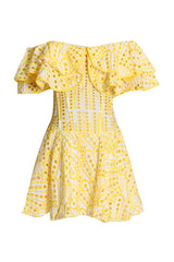 Tiered Off Shoulder Broderie Anglaise Ruffle Mini Dress - Yellow