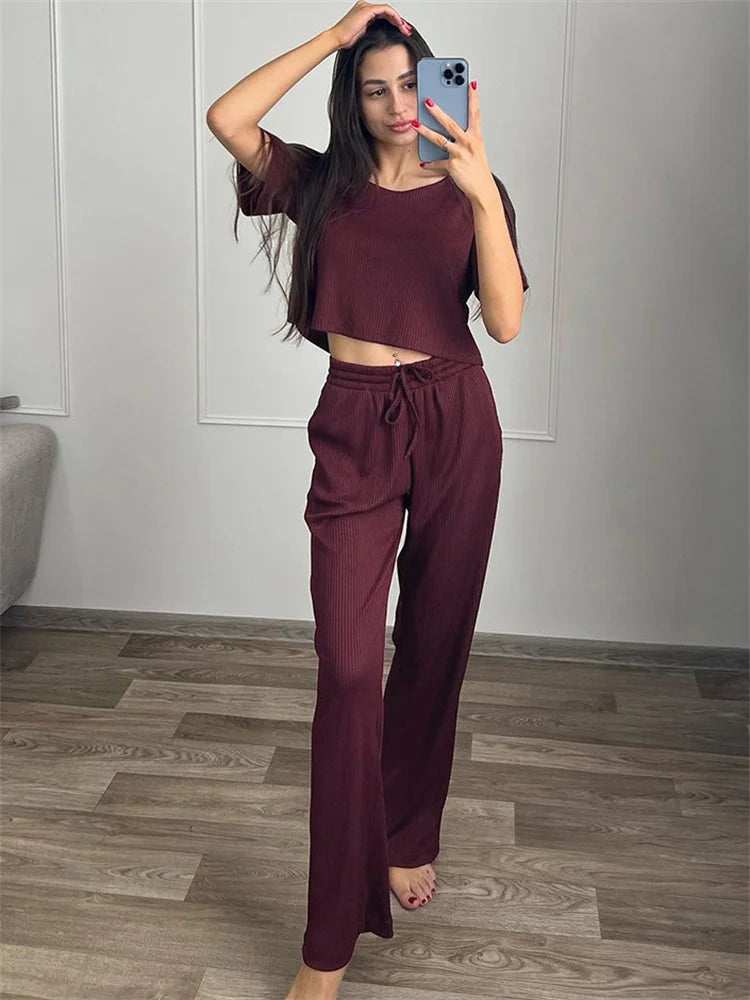 Tossy 2 Piece-Set Ladies Straight Leg High Waist Drawstring Crop Top and Pants Set Nightwear Knit Outfit