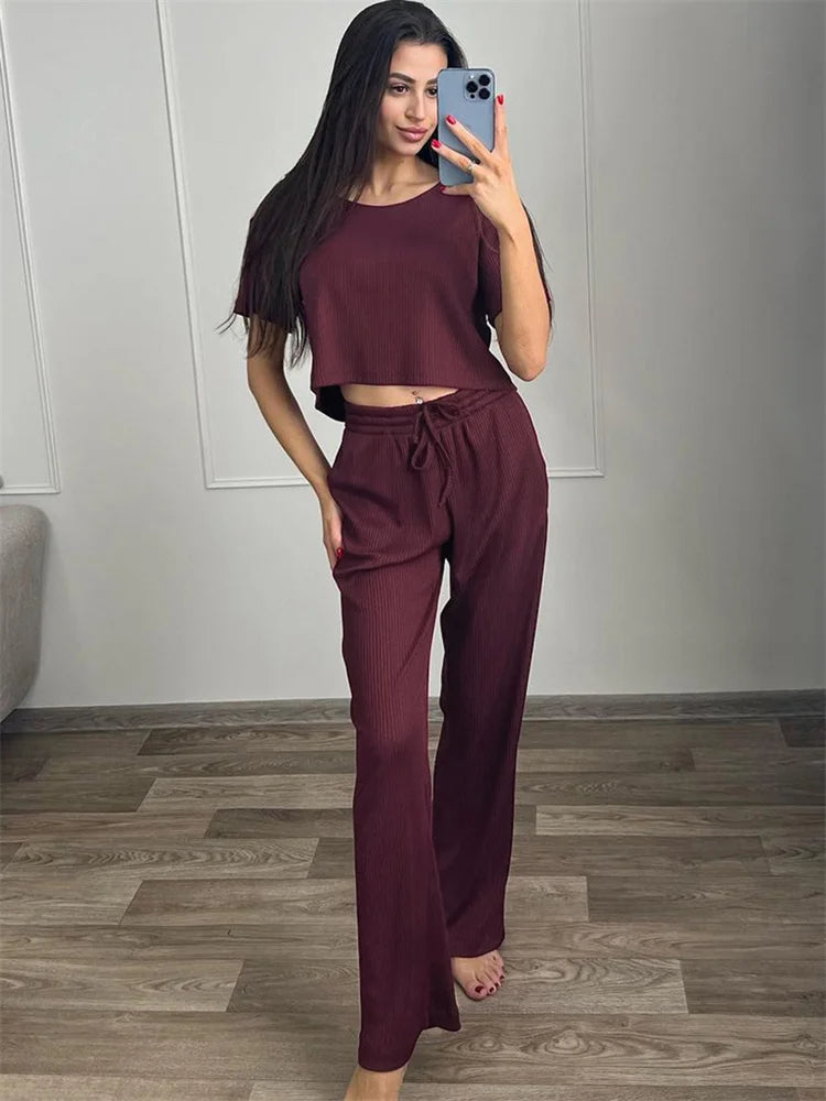 Tossy 2 Piece-Set Ladies Straight Leg High Waist Drawstring Crop Top and Pants Set Nightwear Knit Outfit