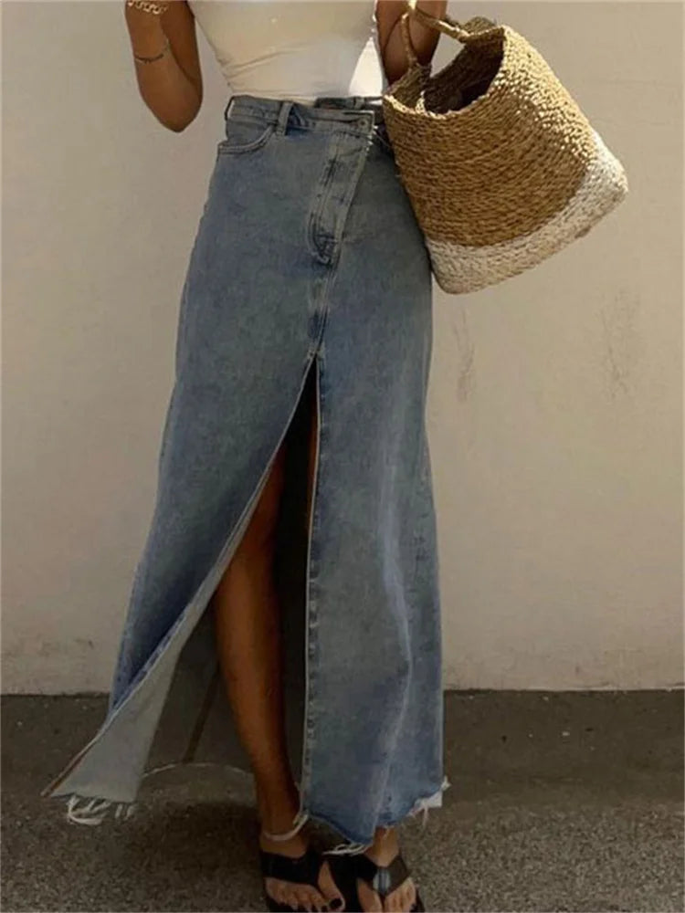 Tossy 2023 New Casual High Waist Denim Skirts Women Spilt Out Maxi Jean Skirt Summer Holiday Long Skirts