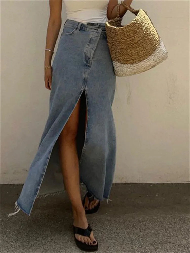 Tossy 2023 New Casual High Waist Denim Skirts Women Spilt Out Maxi Jean Skirt Summer Holiday Long Skirts