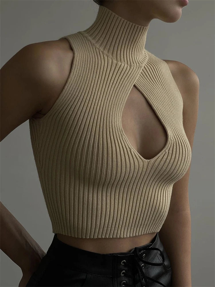 Tossy 2023 Spring New Women’s Turtleneck Ribbed Sleeveless Tops Casual Slim Bandage Sweater Vest Crop Tank Top Knitwear Summer