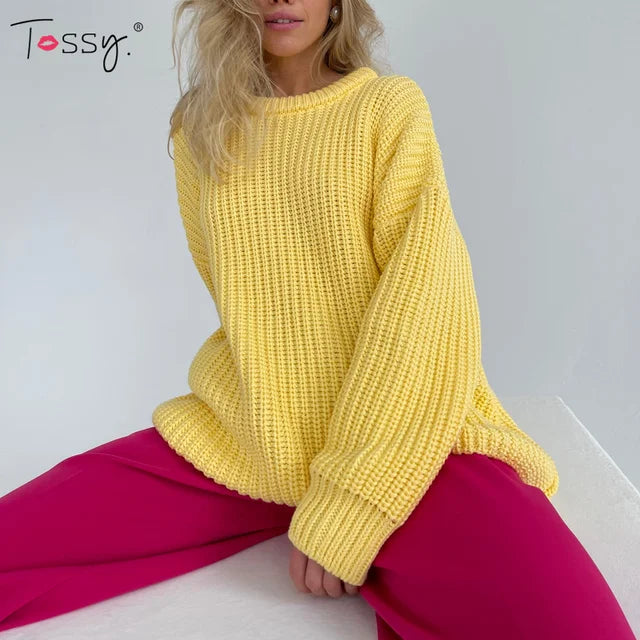 Tossy Autumn Casual Waffle Knit Oversized Green Sweater Women Long Sleeve Loose Thickening Pullovers Female Solid Knitted Tops