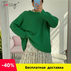 Tossy Autumn Casual Waffle Knit Oversized Green Sweater Women Long Sleeve Loose Thickening Pullovers Female Solid Knitted Tops