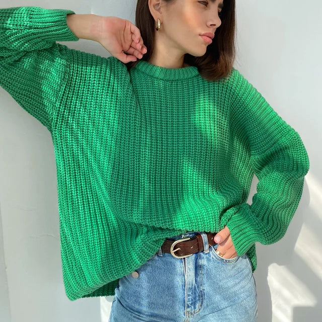 Tossy Autumn Casual Waffle Knit Oversized Green Sweater Women Long Sleeve Loose Thickening Pullovers Female Solid Knitted Tops