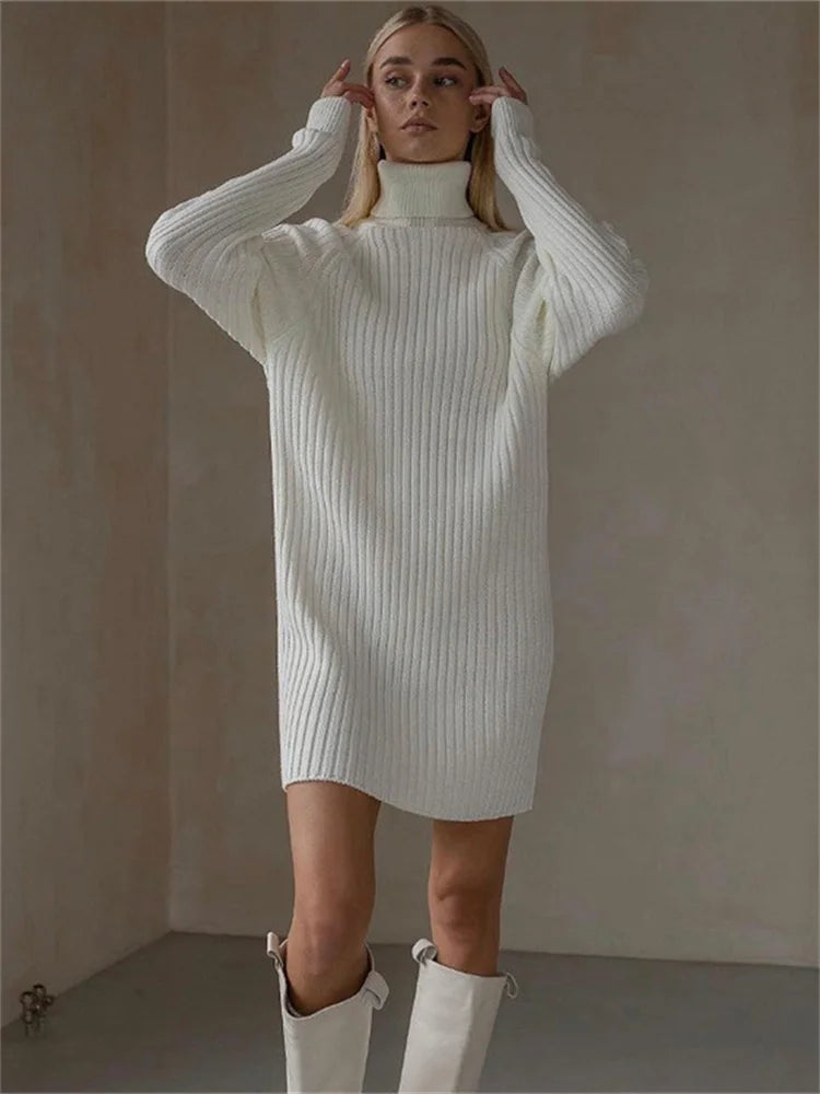 Tossy Autumn Knit Loose Turtleneck Maxi Dress Women Ribbed High Waist Fashion Elegant Dress Knitwear Long Sleeve Female Dress