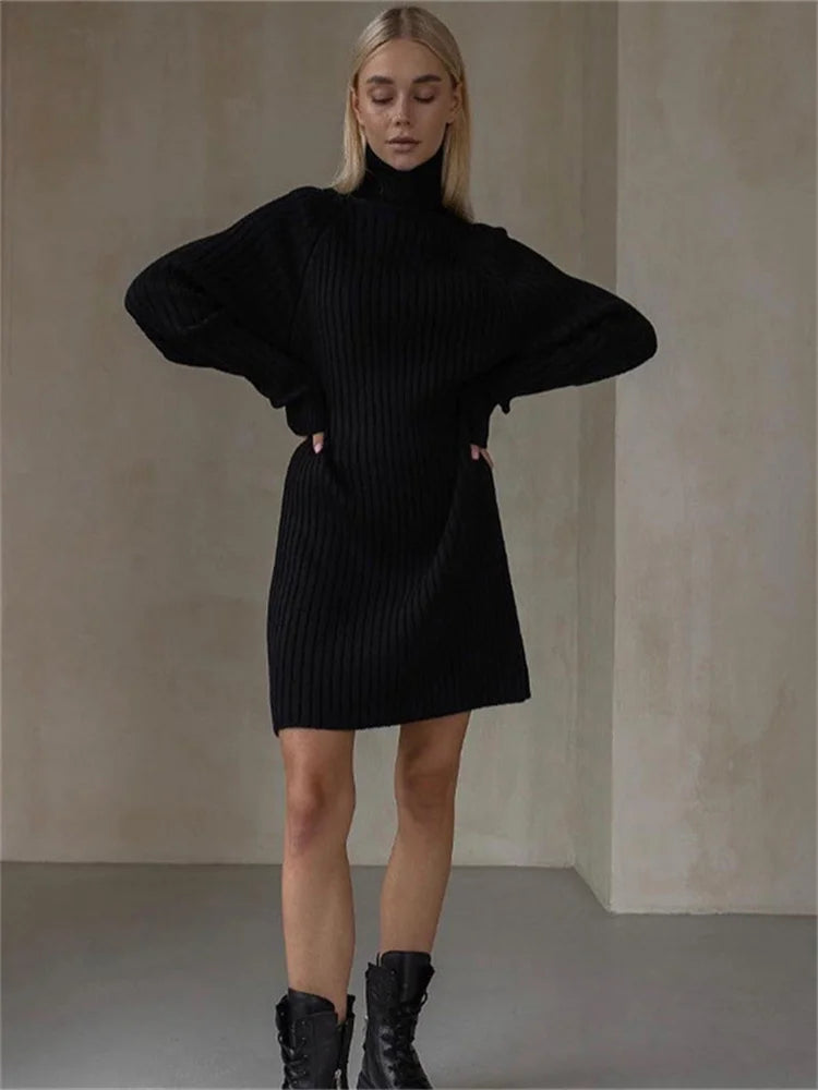 Tossy Autumn Knit Loose Turtleneck Maxi Dress Women Ribbed High Waist Fashion Elegant Dress Knitwear Long Sleeve Female Dress