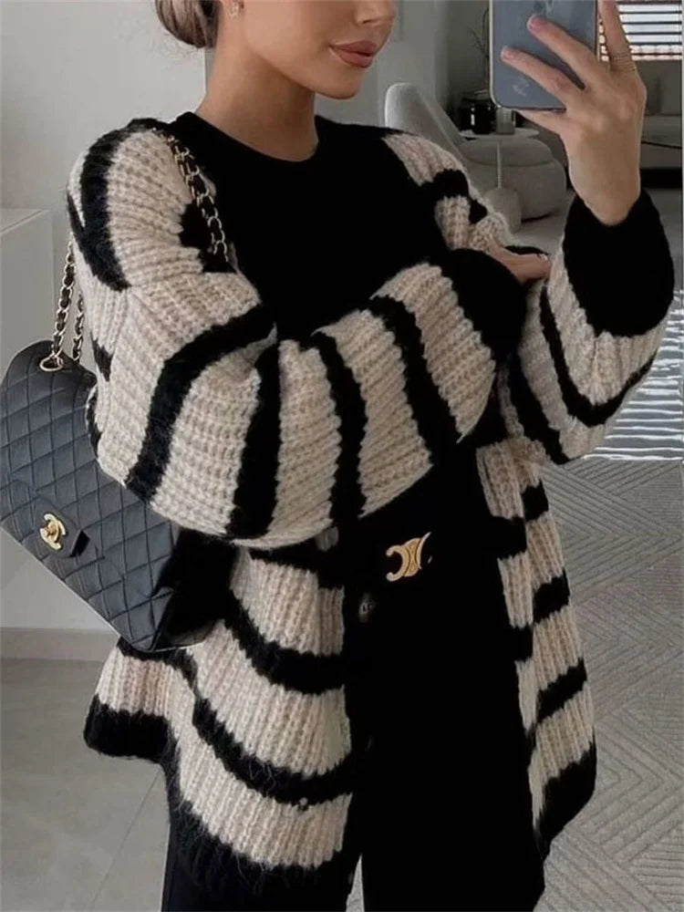 Tossy Autumn Knitwear Cardigan Striped Sweater For Women High Waist Long Sleeve Contrast Knit Coat Loose Casual Knit Cardigan