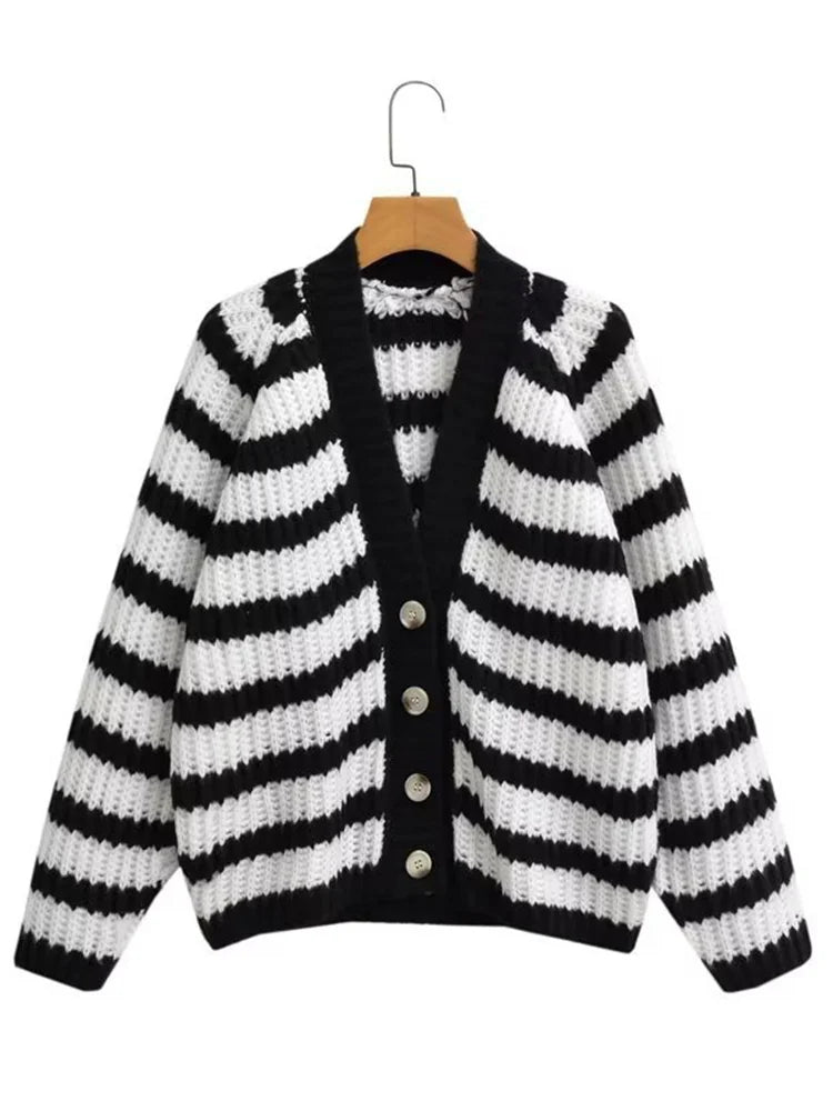 Tossy Autumn Knitwear Cardigan Striped Sweater For Women High Waist Long Sleeve Contrast Knit Coat Loose Casual Knit Cardigan