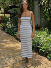 Tossy Backless Contrast For Women Dress Slim Holiday Beach Striped High Waist Off-Shoulder Maxi Dress Skinny Casual Long Dress