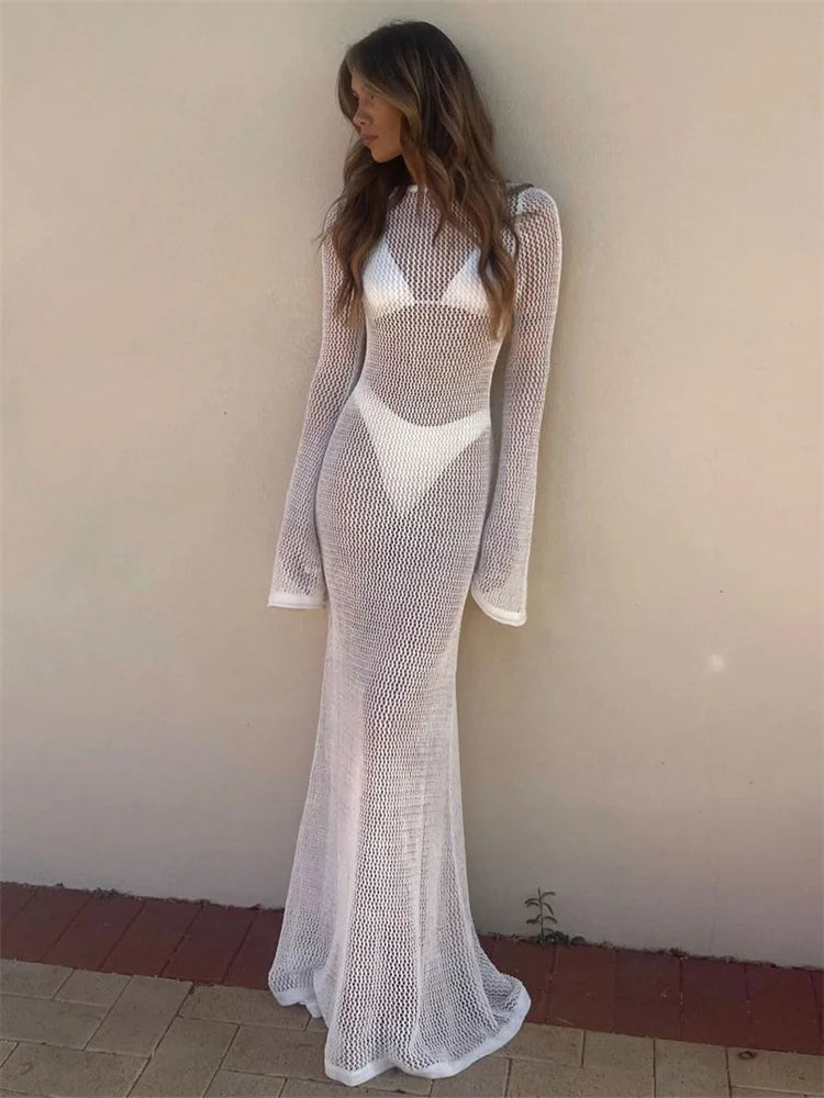 Tossy Backless Hollow Out See-Through Knit Dress Cover up Female Holiday Beach Sexy High Waist Loose Knitwear Summer Women Dress