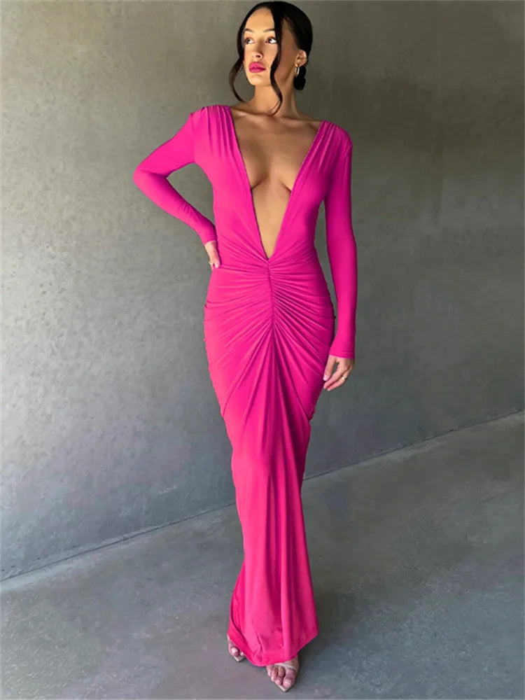 Tossy Backless Pleated V-Neck Maxi Dress Female Elegant Slim Long Sleeve Fashion Party Dress Gown Patchwork Solid Summer Dress