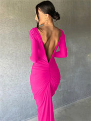 Tossy Backless Pleated V-Neck Maxi Dress Female Elegant Slim Long Sleeve Fashion Party Dress Gown Patchwork Solid Summer Dress