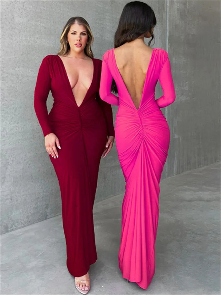 Tossy Backless Pleated V-Neck Maxi Dress Female Elegant Slim Long Sleeve Fashion Party Dress Gown Patchwork Solid Summer Dress