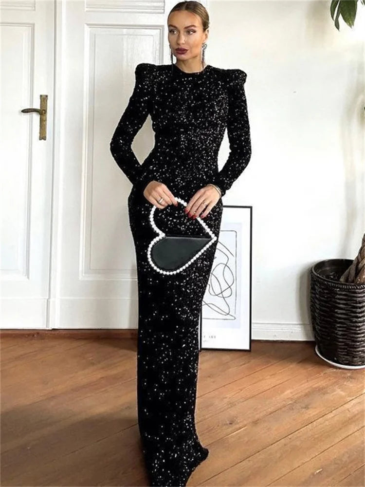 Tossy Black Backless Sequin Maxi Dress Elegant Female Slim Lace-Up Fashion Luxury Party Dress Gown Glitter Bandage Long Dress