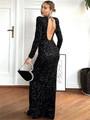 Tossy Black Backless Sequin Maxi Dress Elegant Female Slim Lace-Up Fashion Luxury Party Dress Gown Glitter Bandage Long Dress