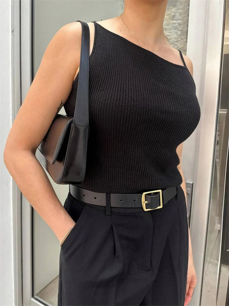 Tossy Black Fashion Ribbed T-shirt Top For Women Pullover Spaghetti Casual Patchwork Sleeveless Summer 2024 Slim Body Top Female