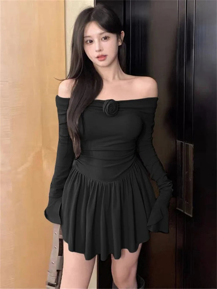 Tossy Black Floral Ruffled Mini Dress Women Off-Shoulder Long Sleeve Slim Fashion Backless Patchwork Dress Solid Casual Dress