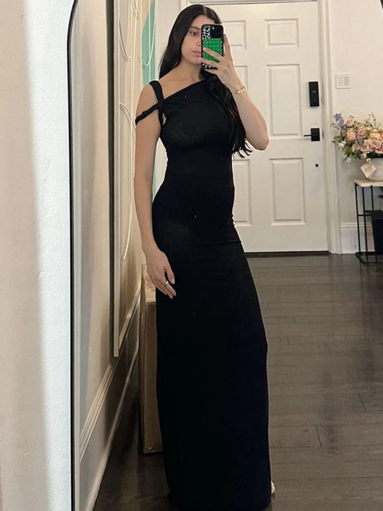 Tossy Black Long Dress Female Slim High Waist Off-Shoulder Fashion Elegant Evening Partywear Dress Solid One-Shoulder Maxi Dress