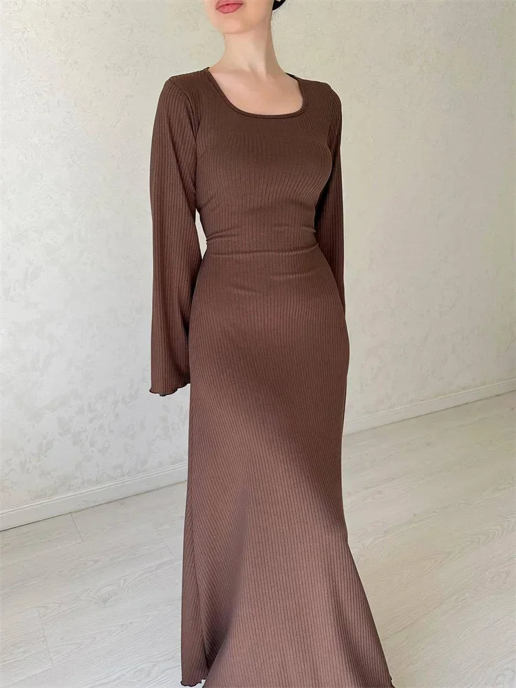 Tossy Black Ribbed Fashion Maxi Dress For Women Loose Slim High Waist Casual Elegant Long Sleeve Party Dress Female Autumn Dress