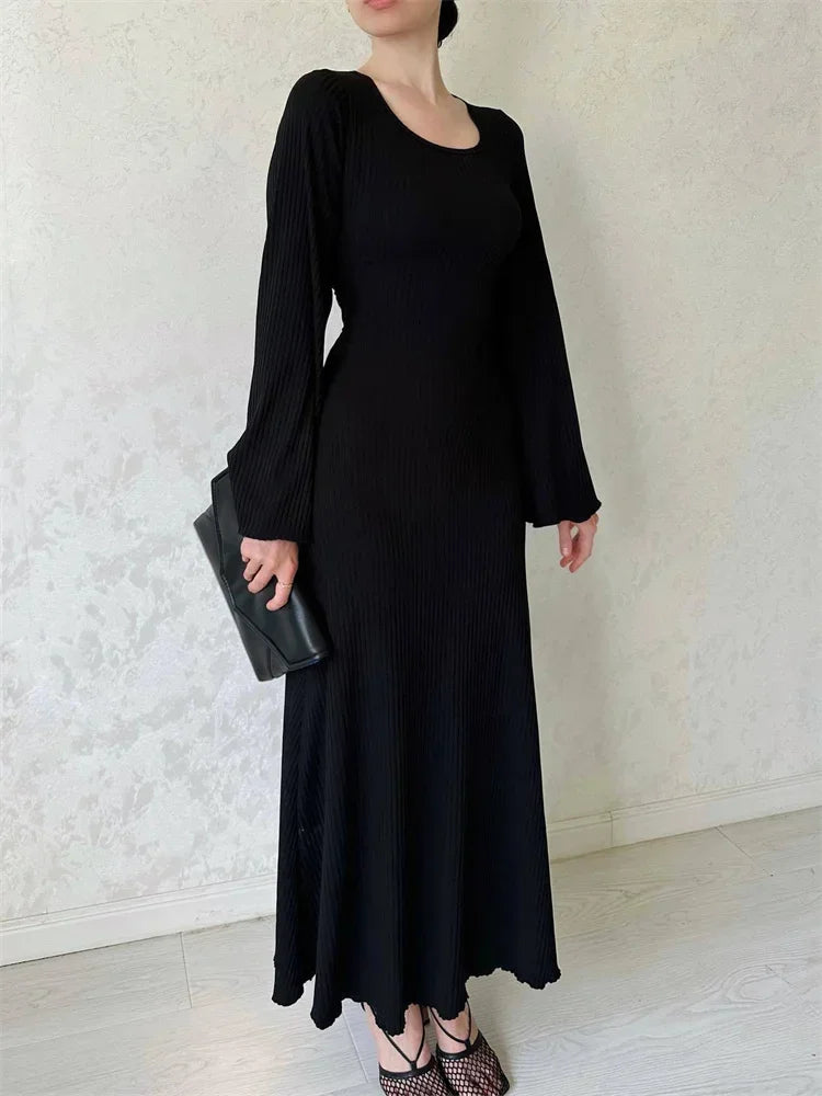 Tossy Black Ribbed Fashion Maxi Dress For Women Loose Slim High Waist Casual Elegant Long Sleeve Party Dress Female Autumn Dress