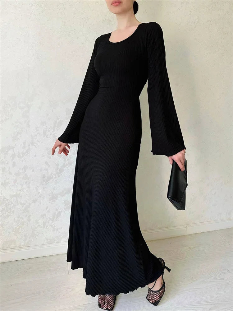 Tossy Black Ribbed Fashion Maxi Dress For Women Loose Slim High Waist Casual Elegant Long Sleeve Party Dress Female Autumn Dress