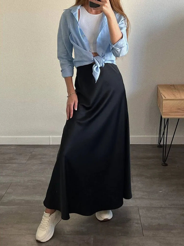 Tossy Black Satin High Waist Maxi Skirt Women Fashion Slim Patchwork Elegant Party Long Skirt Female High Street Y2k Long Skirt