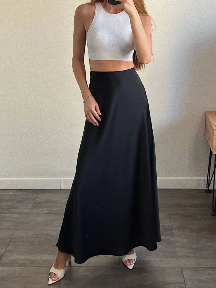 Tossy Black Satin High Waist Maxi Skirt Women Fashion Slim Patchwork Elegant Party Long Skirt Female High Street Y2k Long Skirt