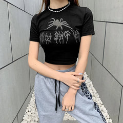 Tossy Black Slim Cotton Y2K Shirt Top 2021 Spring Spider Diamond Short Sleeve Crop Top Casual Streetwear Basic Female T-shirt