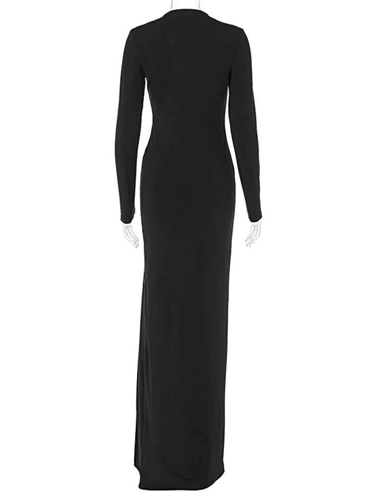 Tossy Black V-Neck Hollow Out Maxi Dress Women’s Sexy Slim High Split Long Sleeve Party Dress Fashion See-Through Long Dress New