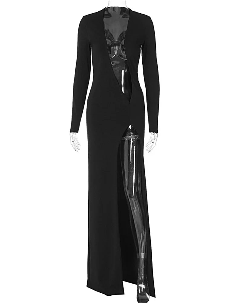 Tossy Black V-Neck Hollow Out Maxi Dress Women’s Sexy Slim High Split Long Sleeve Party Dress Fashion See-Through Long Dress New