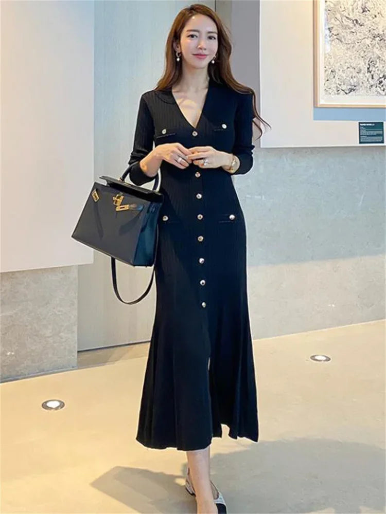 Tossy Black V-Neck Knitwear Long Dress For Women Casual Elegant Autumn Slim High Waist Party Dress Knit Fashion Long Dress New