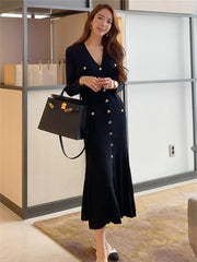 Tossy Black V-Neck Knitwear Long Dress For Women Casual Elegant Autumn Slim High Waist Party Dress Knit Fashion Long Dress New