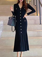 Tossy Black V-Neck Knitwear Long Dress For Women Casual Elegant Autumn Slim High Waist Party Dress Knit Fashion Long Dress New