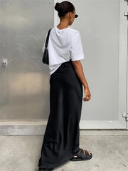 Tossy Casual Satin Female Long Skirt Elegant Split Zipper Patchwork Black Maxi Skirt High Waist Fashion High Street Maxi Skirt