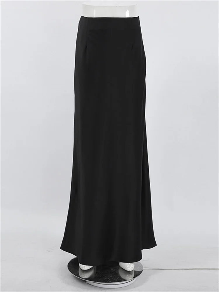 Tossy Casual Satin Female Long Skirt Elegant Split Zipper Patchwork Black Maxi Skirt High Waist Fashion High Street Maxi Skirt