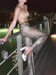 Tossy Diamonds Glitter High Waist Leggings Pants Women Party Night Clubwear Loose Wide Leg Trousers Sparkly Fishnet Pants 2023