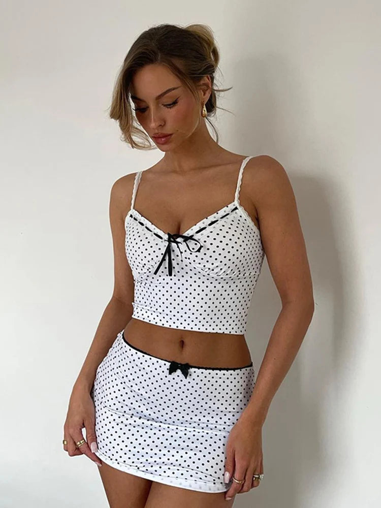 Tossy Dot Printed V-neck Vest Mini Skirt Two Piece Set Women Hip Wrap Patchwork Bow Slim Fit Sleeveless Beach Sexy Fashion Sets