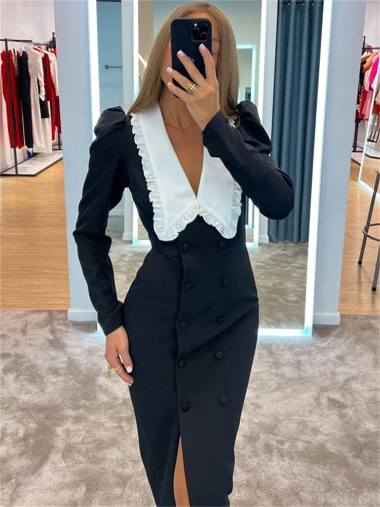 Tossy Elegant Fashion Autumn Maxi Dress Female Patchwork V-Neck Contrast Slim High Split Party Dress Gown Sexy Ladies Dress 2023